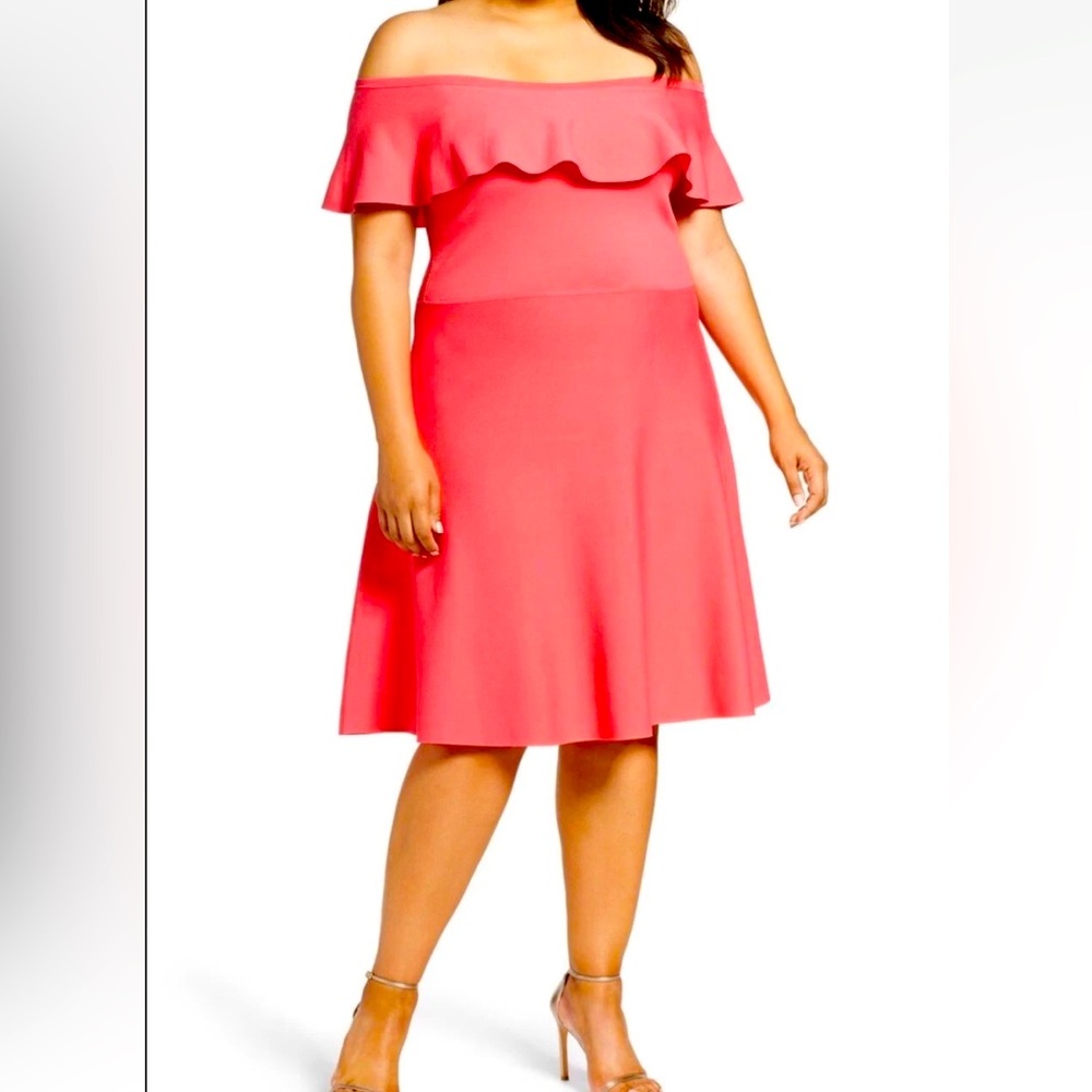 🆕 Eliza J Salmon Pink Stretch Knit Fit and‎ Flare Off Shoulder Midi Dress 3X